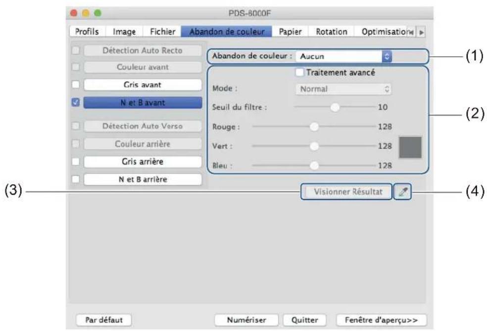 PDS-6000F Profils Image Fichier Abandon de couleur Papier Rotation Optimisation Détction Auto Recto Couleur avant Gris avant N et B avant Détction Auto Verso Couleur arrière Gris arrière N et B arrière Abandon de couleur : Aucun Traitement avancé Mode : Normal Seuil du filtre : 10 Rouge : 128 Vert : 128 Bleu : 128 Visionner Résultat Par défaut Numérer Quitter Fenêtre d'aperçu>> (1) (2) (3) (4)