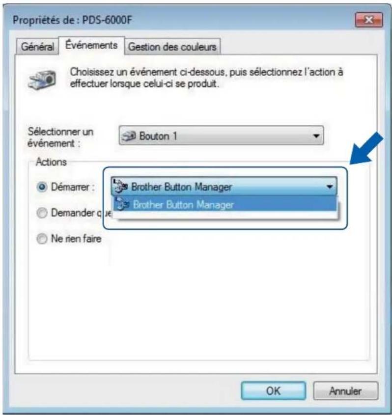 Propriétés de : PDS-6000F Général Événements Gestion des couleurs Choisissez un événement ci-dessous, puis sélectionnez l'action à effectuer lorsque celui-ci se produit. Sélectionner un événement : Bouton 1 Actions Démarrer : Demander qu Ne rien faire Brother Button Manager Brother Button Manager OK Annuler