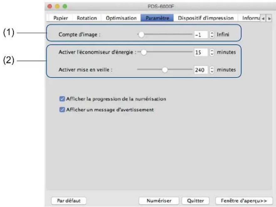 PDS-6000F Papier Rotation Optimisation Paramètre Dispositif d'impression Informa (1) Compte d'image : -1 Infini (2) Activer l'économiseur d'énergie : 15 minutes Activer mise en veille : 240 minutes ✓ Afficher la progression de la numérisation ✓ Afficher un message d'avertissement Par défaut Numérer Quitter Fenêtre d'aperçu>>