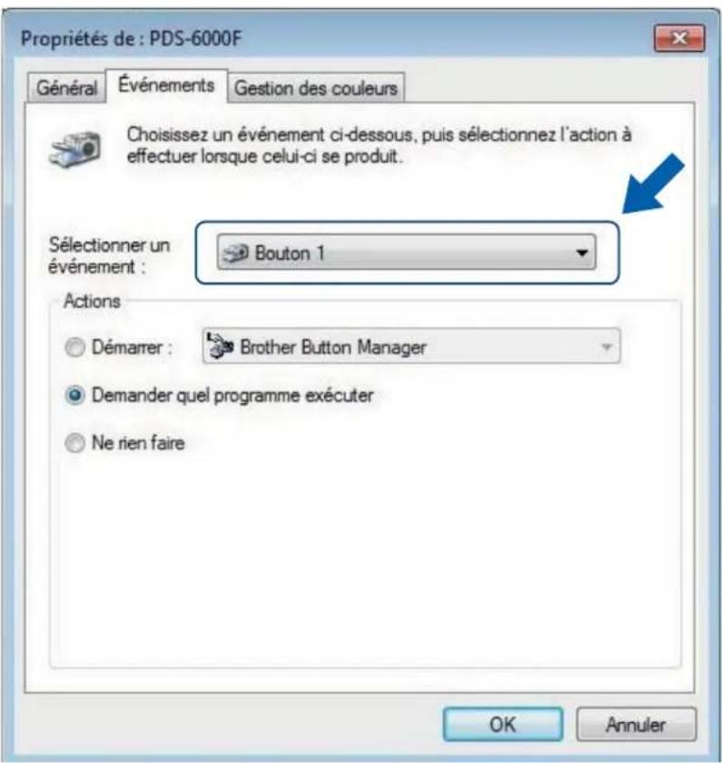 Propriétés de : PDS-6000F Général Événements Gestion des couleurs Choisissez un événement ci-dessous, puis sélectionnez l'action à effectuer lorsque celui-ci se produit. Sélectionner un événement : Bouton 1 Actions Démarrer : Brother Button Manager Demander quel programme exécuter Ne rien faire OK Annuler