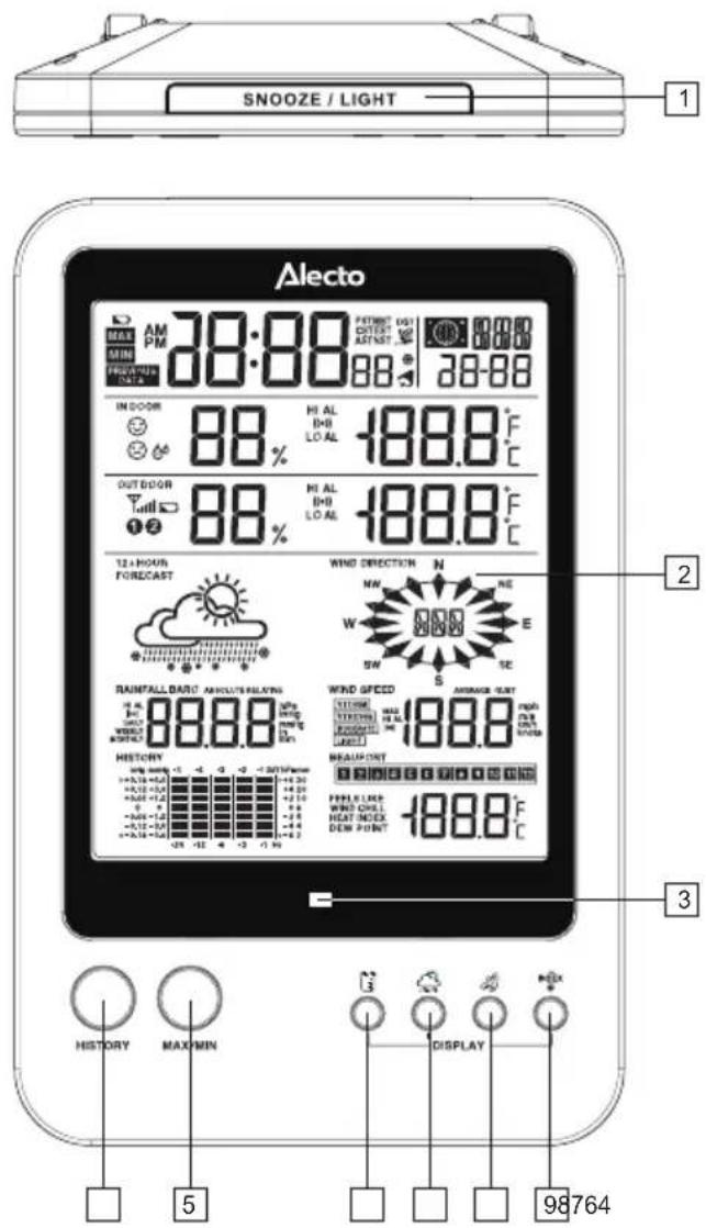 SNOOZE / LIGHT 1 Alecto MAX AM MIN PM FETRUST DATA 88:88 38-88 IN DOOR 88% HI AL D-H LO AL 188.8°C OUTDOOR 88% HI AL D-H LO AL 188.8°C 12 A HOURS FORECAST WIND DIRECTION N NW NE E SW SE RAINTALL BARD AMOUNT SALVATION 88.88 WIND SPEED WIND SPEED MAX 188.8 GHz WIND SPEED MAX 188.8 GHz HISTORY MEASURE…