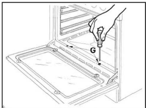 Diagram showing a hand using a screwdriver to install a tray with labeled component 'G'