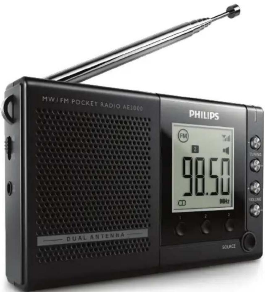 MW/FM POCKET RADIO AE3000 PHILIPS FM 2 98.50 MHz 1 2 3 TUNING VOLUME SOURCE DUAL ANTENNA