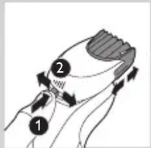 Diagram showing a hand holding a device with labeled parts 1 and 2, indicating a process or operation.