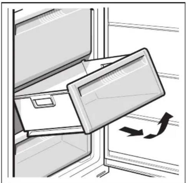 Illustration of a refrigerator with an open door and directional arrows indicating flow or movement (no text or symbols)