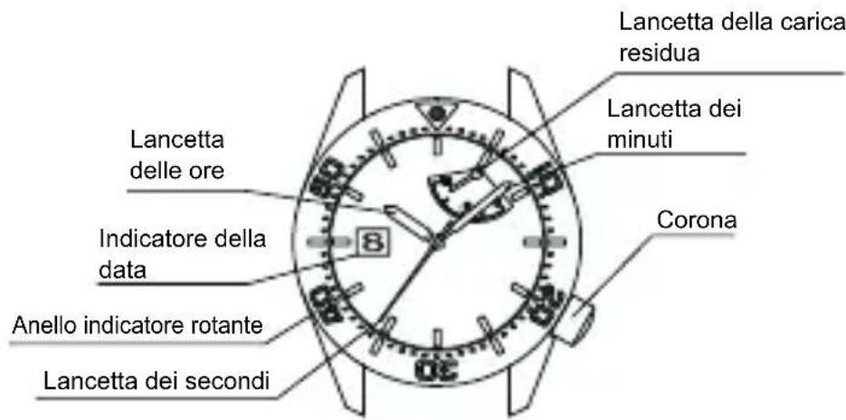 Lancetta delle ore Indicatore della data Anello indicatore rotante Lancetta dei secondi Lancetta della carica residua Lancetta dei minuti Corona
