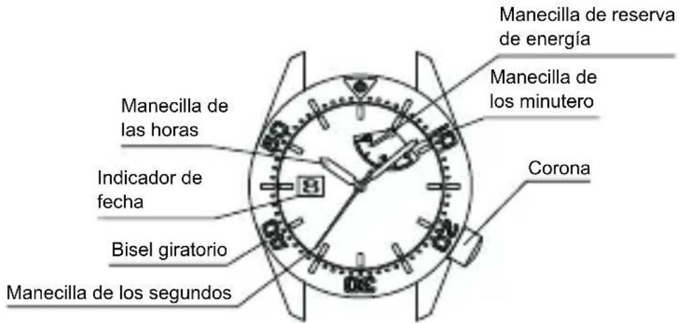 Manecilla de las horas Indicador de fecha Bisel giratorio Manecilla de los segundos Manecilla de reserves de energía Manecilla de los minutero Corona
