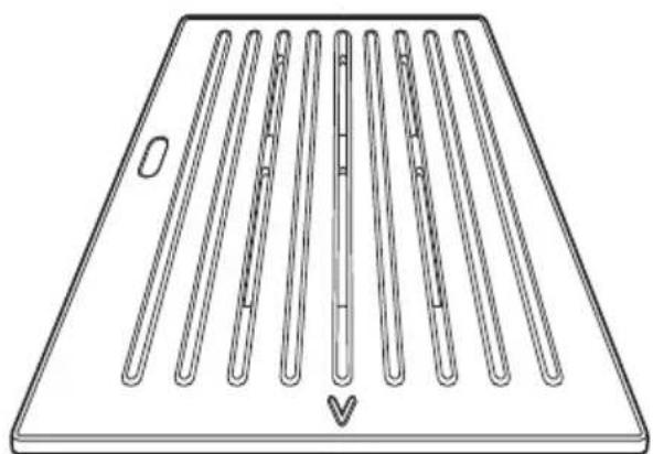 Line drawing of a trapezoidal tray with multiple vertical tubes and a central arrow, no text or symbols present.