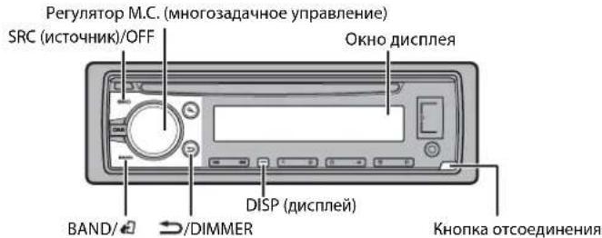 Регулятор М.С. (многозадачное управление) SRC (источник)/OFF Окно дисплея BAND/ →/DIMMER DISP (дисплей) Кнопка отсоединения