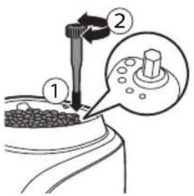 Diagram illustrating a mechanical process with labeled parts and directional arrows, showing step 1 and step 2 of a tool interacting with a component.