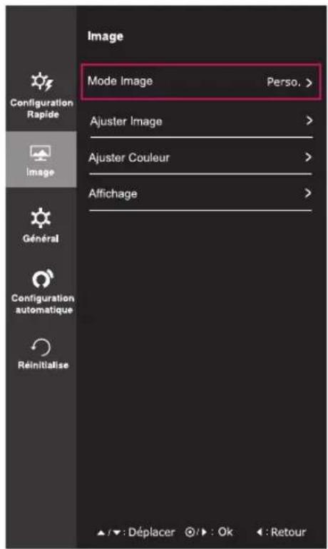 Image Mode Image Perso. > Ajuster Image > Ajuster Couleur > Affichage > Configuration Rapide Image Général Configuration automatique Réinitialise ▲ /▼ : Déplacer ⏻ /► : Ok ← : Retour