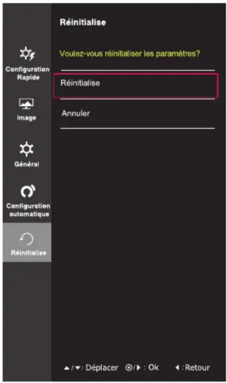 Réinitialise Voulez-vous réinitialiser les paramètres? Réinitialise Annuler Configuration Rapide Image Général Configuration automatique Réinitialise ▲/▼: Déplacer ⏻/▶: Ok ◀: Retour