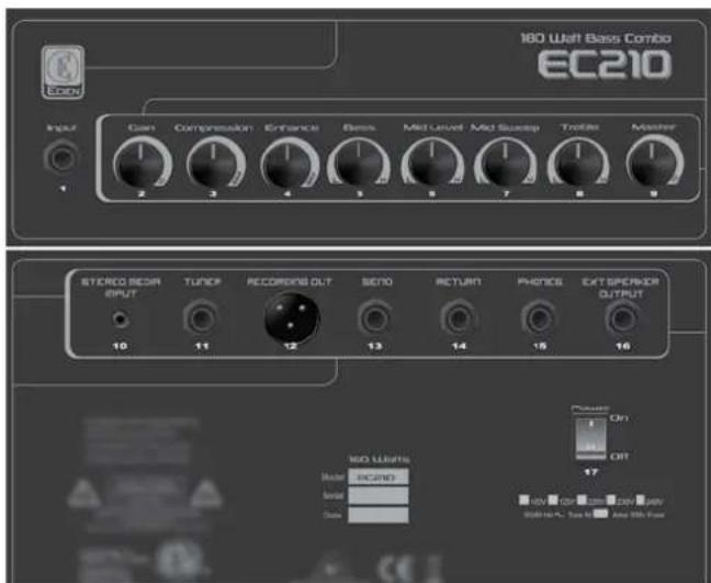 180 W/Et Bass Combo EC210 Input Gain Compression Enhance Bass Mid Level Mid Swamp Troller Master STEREO SEEDR RIPUT TURUP RECOENS OUT SEENO RETURN PHONES EXT SPEAKER OUTPUT 10 11 12 13 14 15 16 17 180 LUNITS Power: 1800W Capacitor: 10V 10A 10mA 10V 10A Source: 800-100kV, Source A, Input 100kV, Input