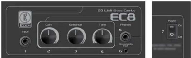 20 Watt Bass Combo EC8 EDEN Cath Enhance Tane Phones 5 1 2 3 4 6 Stereo Mode Input Power On 7 Off