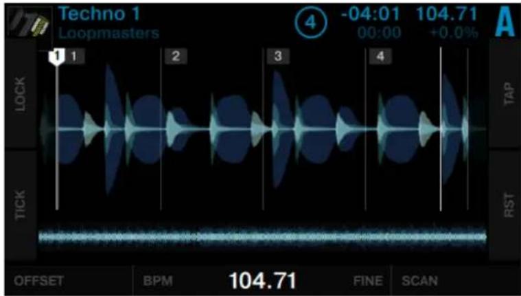 Techno 1 Loopmasters -04:01 104.71 00:00 +0.0% A 1 2 3 4 LOCK TICK RST OFFSET BPM 104.71 FINE SCAN
