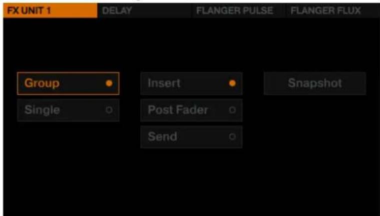 FX UNIT 1 DELAY FLANGER PULSE FLANGER FLUX Group Insert Snapshot Single Post Fader Send