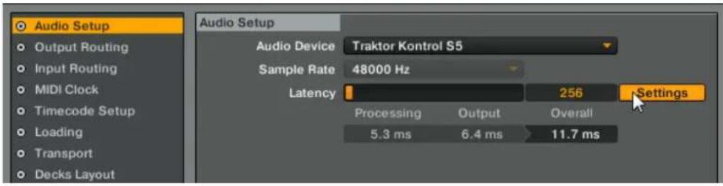 Audio Setup Output Routing Input Routing MIDI Clock Timecode Setup Loading Transport Decks Layout Audio Device Traktor Kontrol S5 Sample Rate 48000 Hz Latency 256 Settings Processing Output Overall 5.3 ms 6.4 ms 11.7 ms