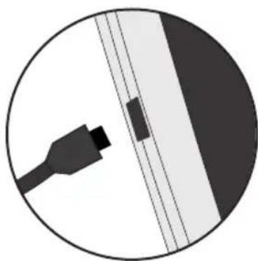 Circular diagram showing a black USB cable inserted into a device, with no visible text or symbols.