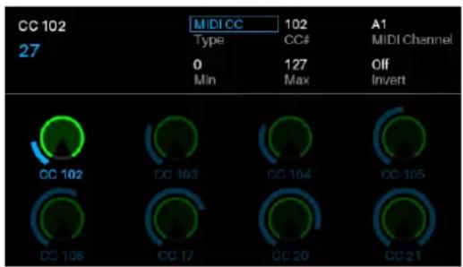 CC 102 27 MIDI CC Type 102 CC# A1 MIDI Channel 0 127 Off Min Max Invert CC 102 CC 103 CC 104 CC 105 CC 106 CC 17 CC 20 CC 21