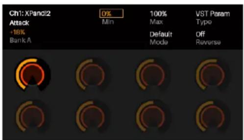 Ch1: XPandi2 Attack +18% Bank A 0% Min 100% Max Default Mode Type Off Reverse VST Param