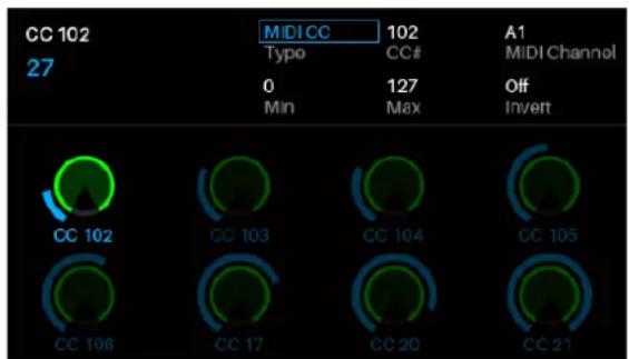 CC 102 27 MIDI CC 102 Typo CC# 0 127 Min Max A1 MIDI Channel Off Invert CC 102 CC 103 CC 104 CC 105 CC 106 CC 17 CC 20 CC 21