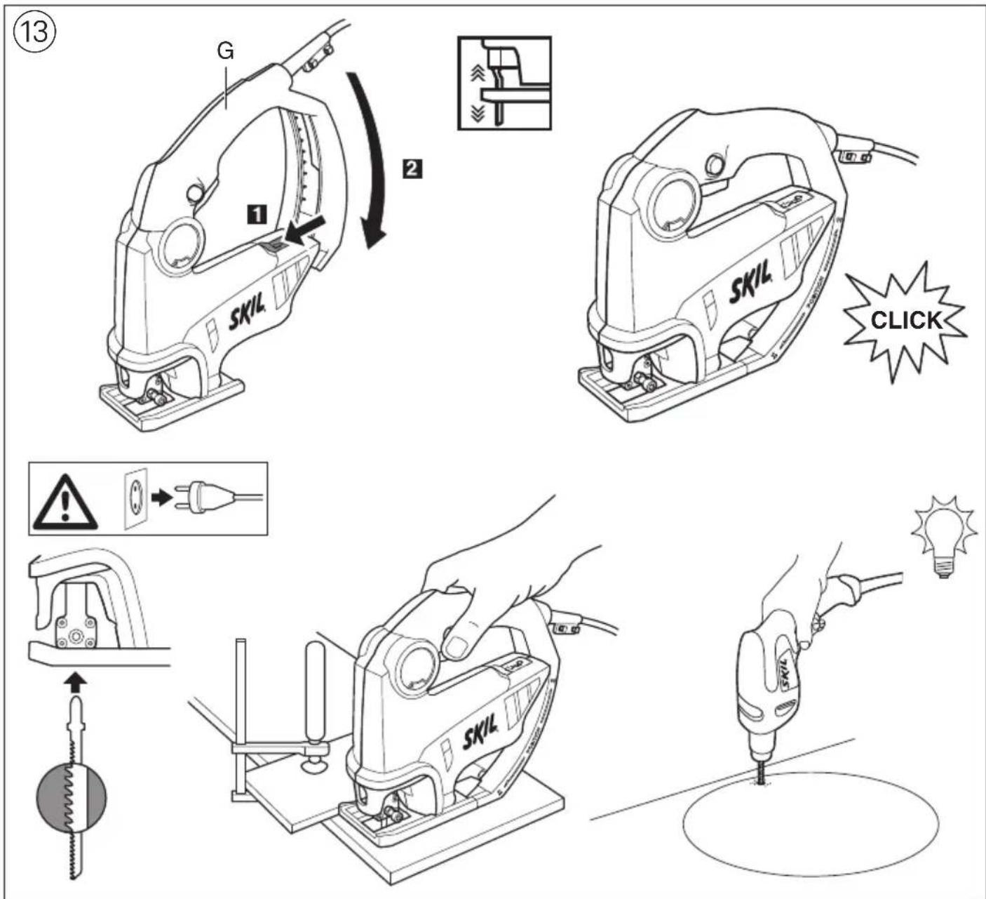 Technical diagram illustrating the step-by-step installation of a Skil tool, showing steps from cutting to assembly and lighting.