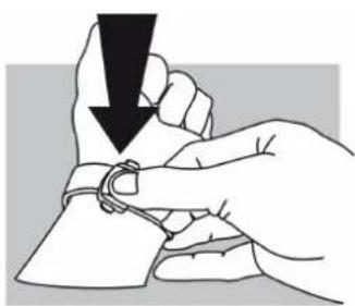 Illustration of a hand adjusting a wristwatch with a black downward arrow indicating motion (no text or symbols present)