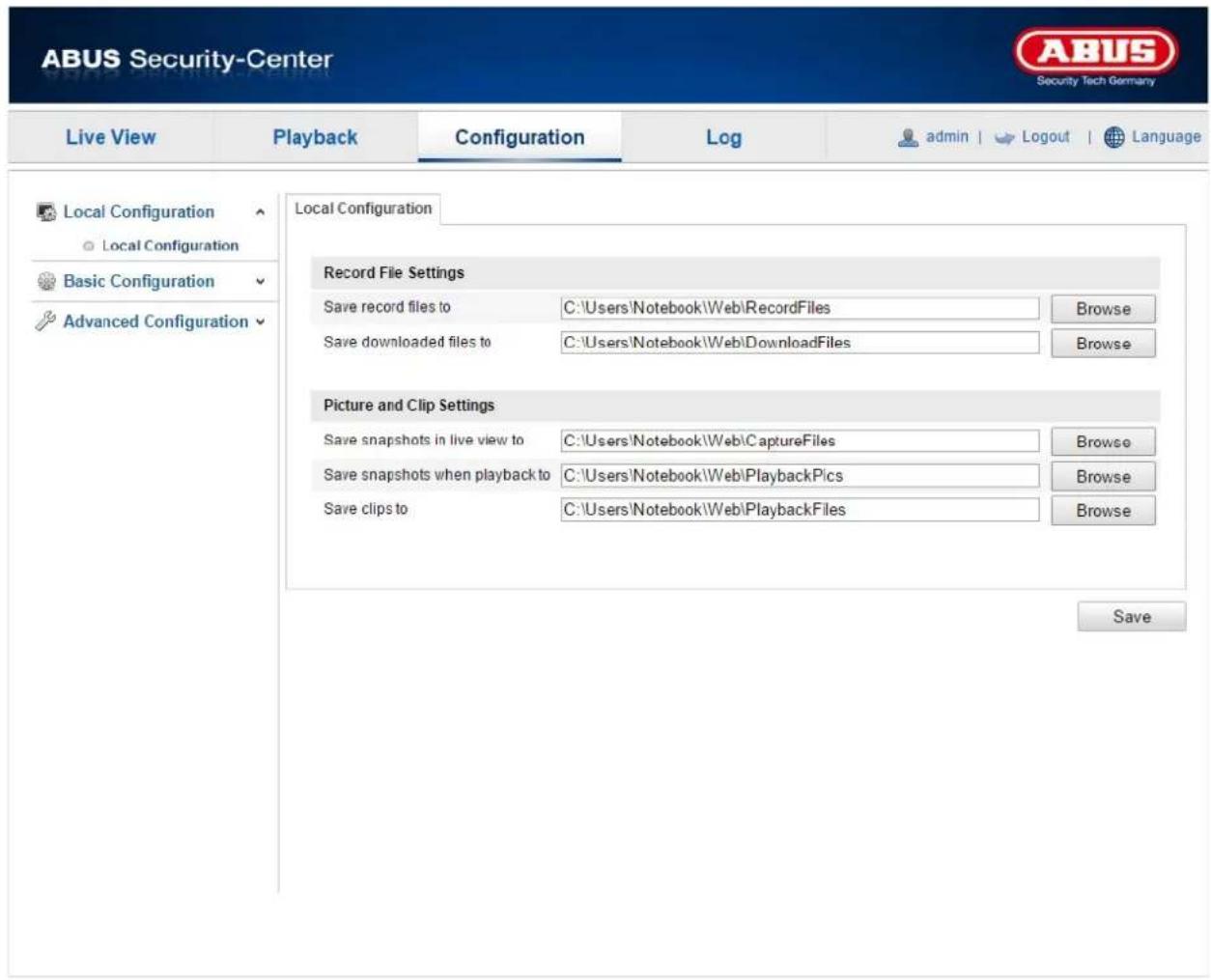 ABUS Security-Center Security Tech Germany Live View Playback Configuration Log admin | Logout | Language Local Configuration Local Configuration Basic Configuration Advanced Configuration Record File Settings Save record files to C:\Users\Notebook\Web\RecordFiles Browse Save downloaded files to C:\Users\Notebook\Web\DownloadFiles Browse Picture and Clip Settings Save snapshots in live view to C:\Users\Notebook\Web\CaptureFiles Browse Save snapshots when playback to C:\Users\Notebook\Web\PlaybackPics Browse Save clips to C:\Users\Notebook\Web\PlaybackFiles Browse Save