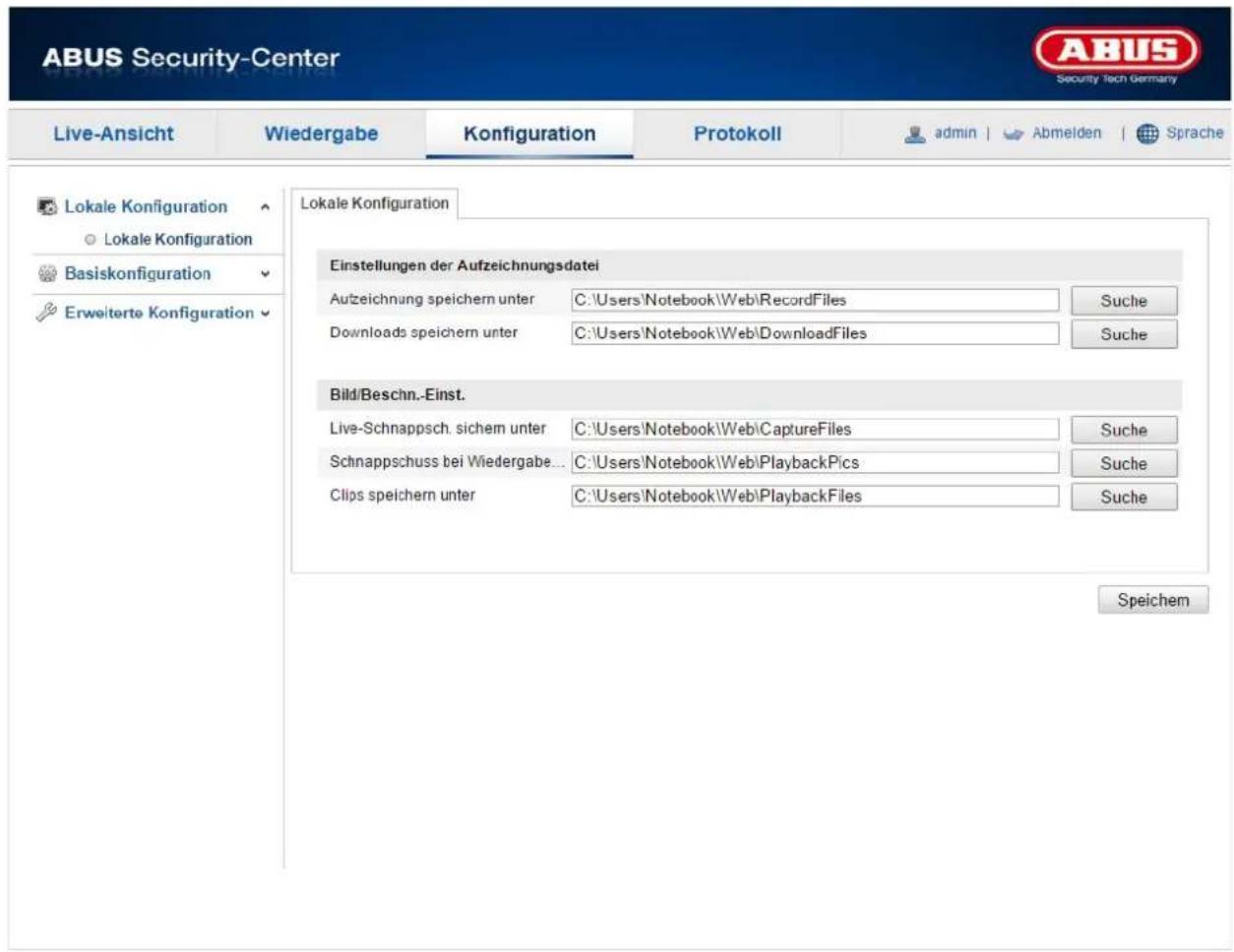 ABUS Security-Center Live-Ansicht Wiedergabe Konfiguration Protokoll admin | Abmelden | Sprache Lokale Konfiguration Lokale Konfiguration Basiskonfiguration Erweiterte Konfiguration Lokale Konfiguration Einstellungen der Aufzeichnungsdatel Aufzeichnung speichern unter C:\Users\Notebook\Web\RecordFiles Suche Downloads speichern unter C:\Users\Notebook\Web\DownloadFiles Suche Bild/Beschn.-Einst. Live-Schnappsch. sichem unter C:\Users\Notebook\Web\CaptureFiles Suche Schnappschuss bei Wiedergabe... C:\Users\Notebook\Web\PlaybackPics Suche Clips speichern unter C:\Users\Notebook\Web\PlaybackFiles Suche Speichem