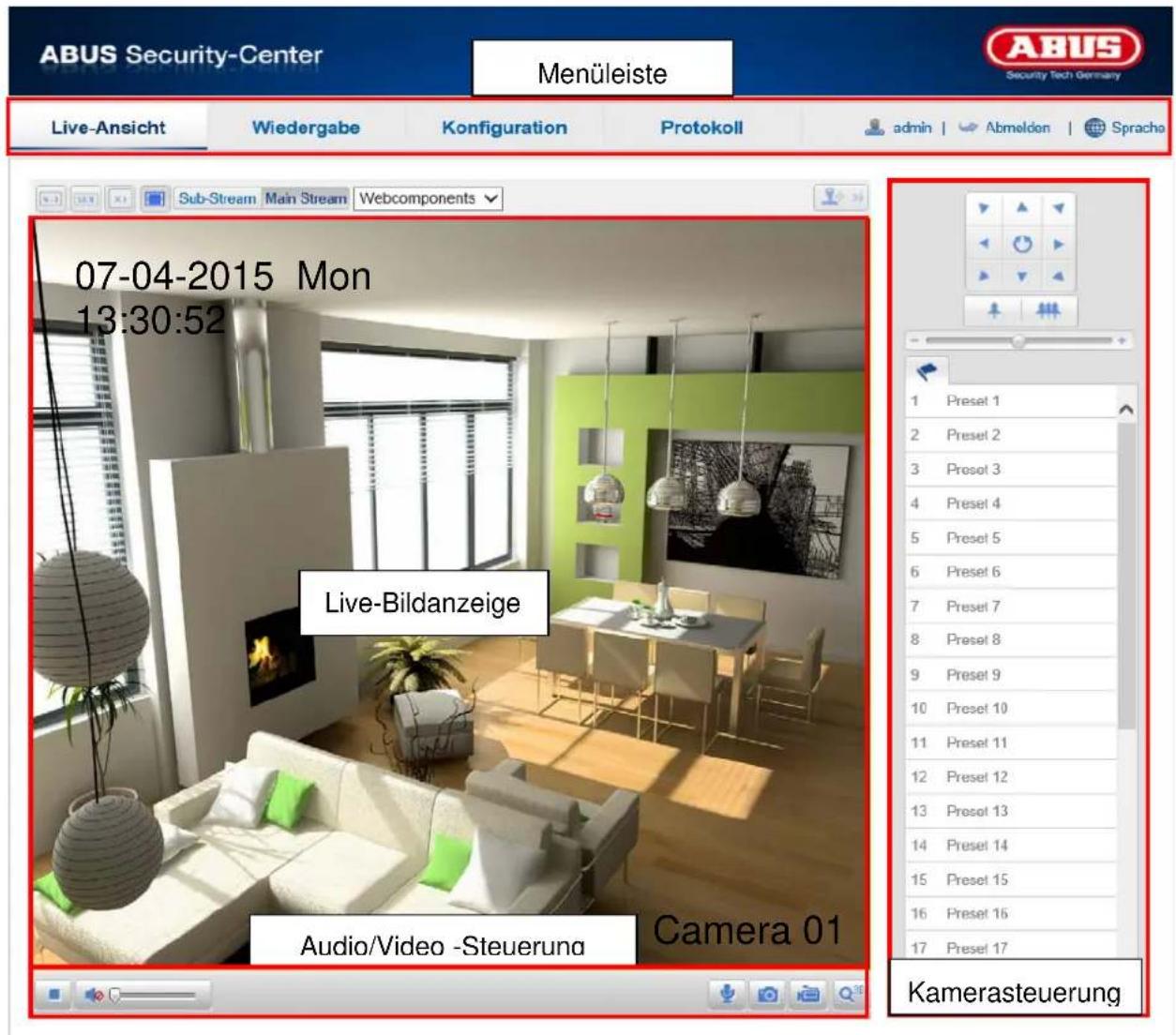 ABUS Security-Center Menüleiste Live-Ansicht Wiedergabe Konfiguration Protokoll admin | Abmelden | Spracho 07-04-2015 Mon 13:30:52 Sub-Stream Main Stream Webcomponents Live-Bildanzeige Audio/Video -Steueruna Camera 01 Kamerasteuerung