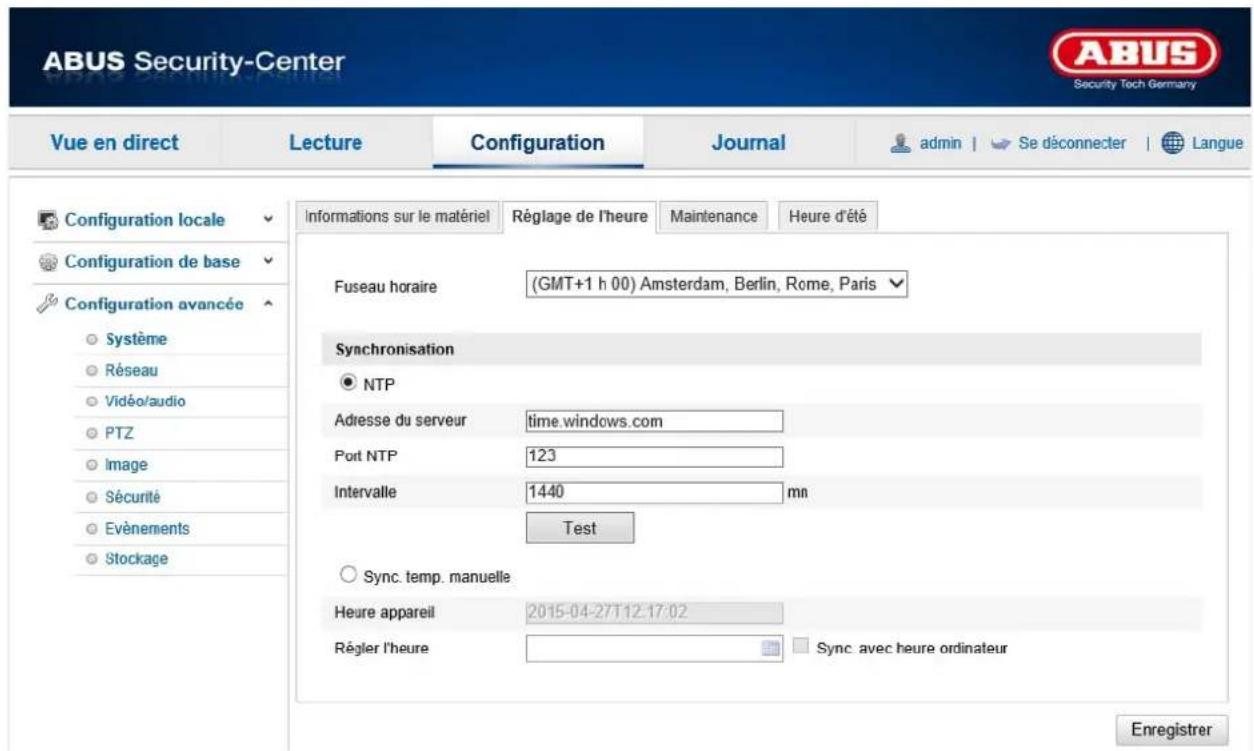 ABUS Security-Center Security Tech Germany Vue en direct Lecture Configuration Journal admin | Se déconnecter | Langue Configuration locale Configuration de base Configuration avancée Système Réseau Vidéo/audio PTZ Image Sécurité Evénements Stockage Informations sur le matériel Réglage de l'heure Maintenance Heure d'été Fuseau horaire (GMT+1 h 00) Amsterdam, Berlin, Rome, Paris Synchronisation NTP Adresse du serveur time.windows.com Port NTP 123 Intervalle 1440 mm Test Sync. temp. manuelle Heure appareil 2015-04-27T12:17:02 Régler l'heure Sync. avec heure ordinateur Enregistrer
