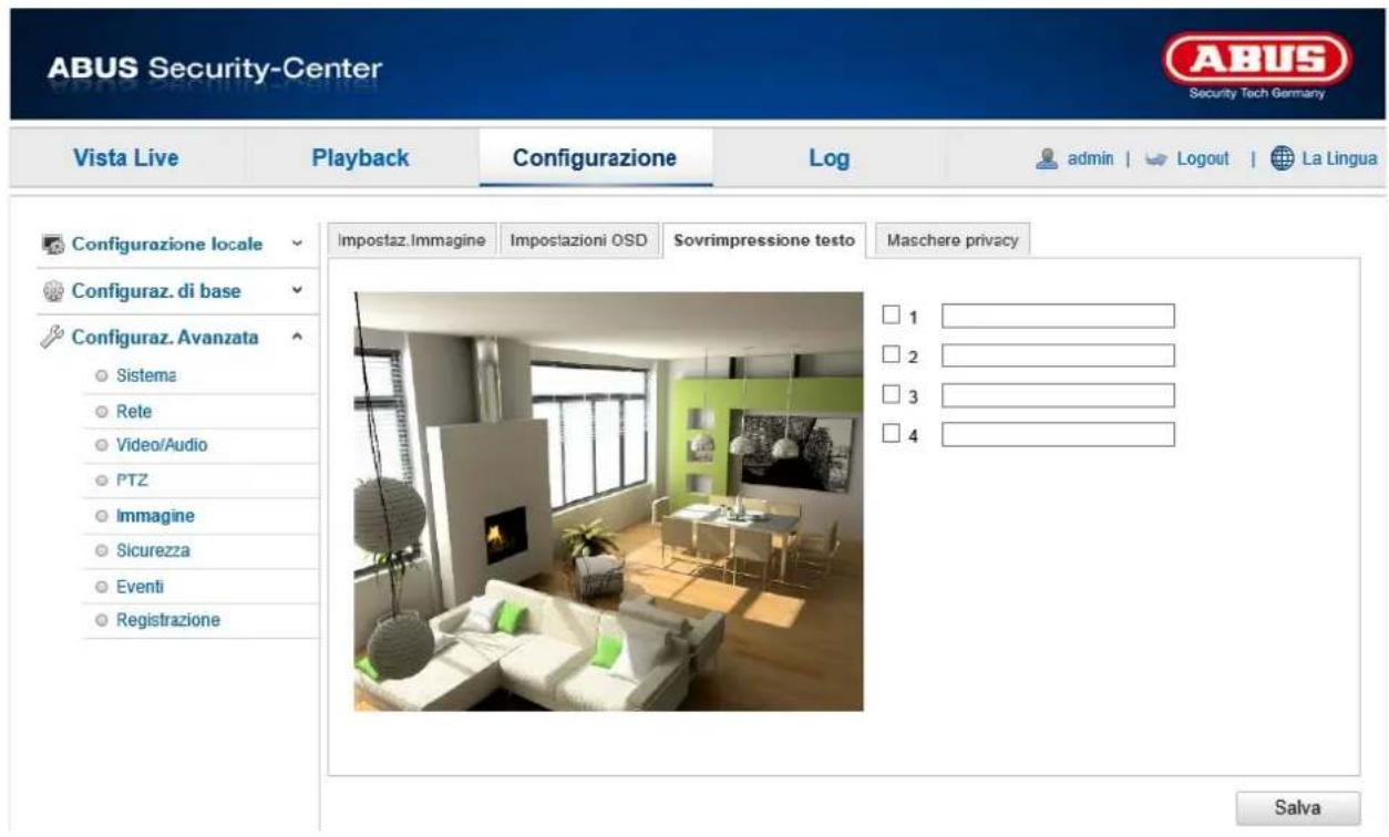 ABUS Security-Center Vista Live Playback Configurazione\Log-admin | Logout | La Lingua Configurazione locale Configuraz. di base Configuraz. Avanzata Sistema Rete Video/Audio PTZ Immagine Sicurezza Eventi Registrazione Impostaz.Immagine Impostazioni OSD Sovrimpressione testo Maschere privacy 1 2 3 4 Salva