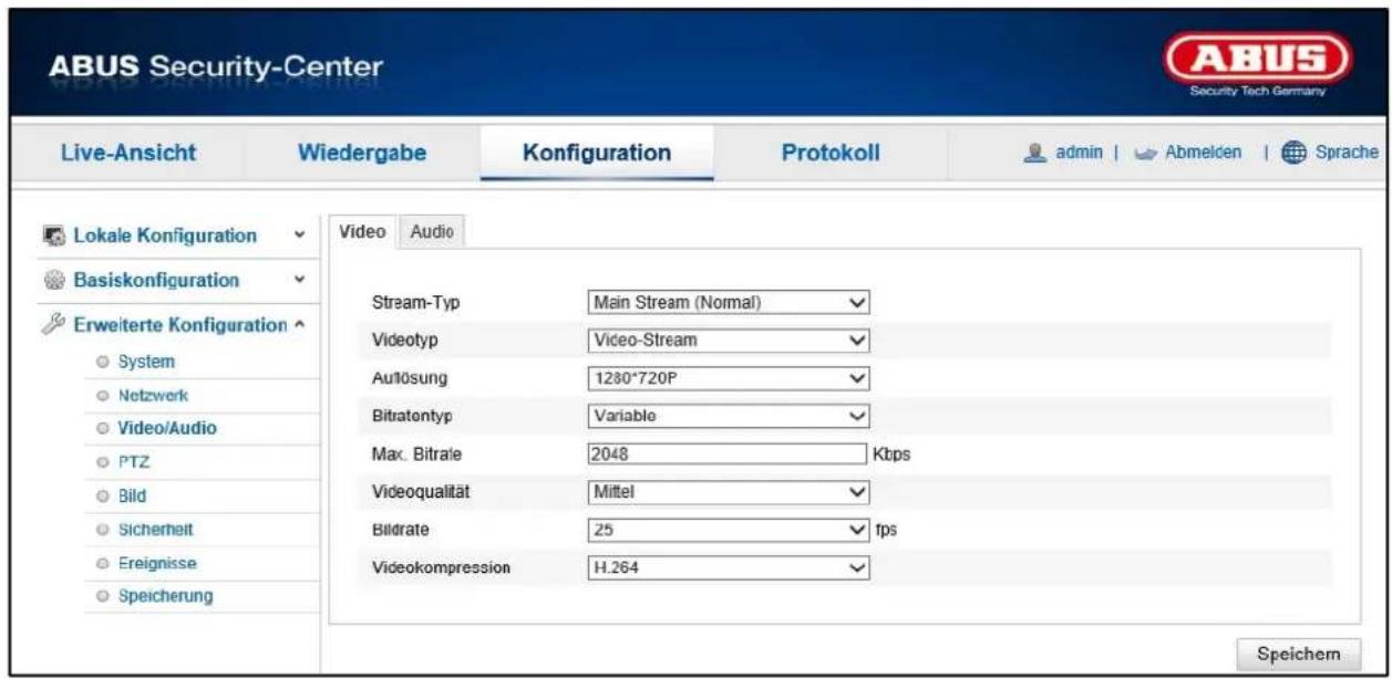 ABUS Security-Center Live-Ansicht Wiedergabe Konfiguration Protokoll admin | Abmelden | Sprache Lokale Konfiguration Basiskonfiguration Erweiterte Konfiguration System Netzwerk Video/Audio PTZ Bild Sicherheit Ereignisse Speicherung Video Audio Stream-Typ Main Stream (Normal) Videotyp Video-Stream Auflösung 1280*720P Bitratentyp Variable Max. Bitraie 2048 Kbps Videoqualität Mittel Bildrate 25 tps Videokompression H.264 Speichem