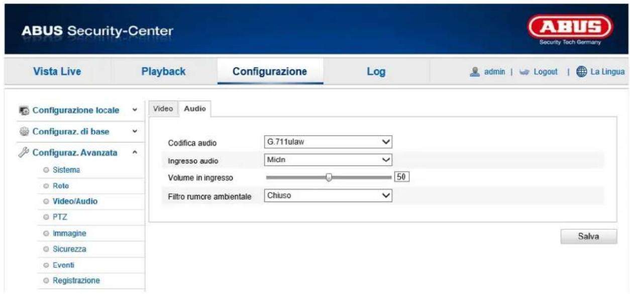 ABUS Security-Center Vista Live Playback Configurazione\Log-admin | Logout | La Lingua Configurazione locale Configuraz. di base Configuraz. Avanzata Sistema Roto Video/Audio PTZ Immagine Sicurezza Eventi Registrazione Video Audio Codifica audio G.711ulaw Ingresso audio Midn Volume in ingresso 50 Filtro rumore ambientale Chiuso Salva