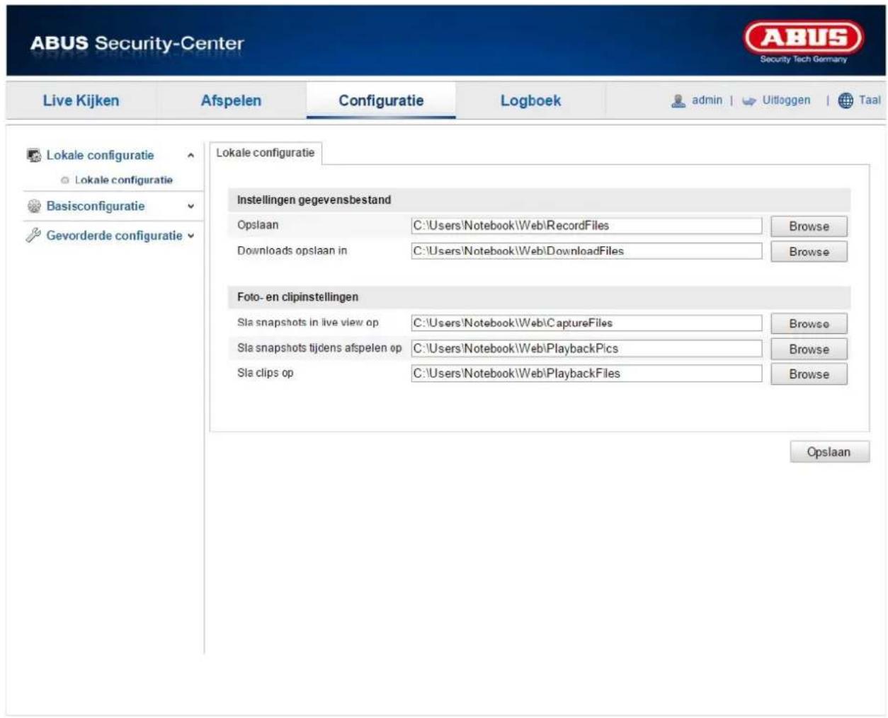 ABUS Security-Center Live Kijken Afspelen Configuratie Logboek admin | Uitloggen | Taal Lokale configuratie Lokale configuratie Basisconfiguratie Gevorderde configuratie Lokale configuratie Instellingen gegevensbestand Opslaan C:\Users\Notebook\Web\RecordFiles Browse Downloads opslaan in C:\Users\Notebook\Web\DownloadFiles Browse Foto- en clipinstellingen Sla snapshots in live view op C:\Users\Notebook\Web\CaptureFiles Browse Sla snapshots tijdens afspelen op C:\Users\Notebook\Web\PlaybackPics Browse Sla clips op C:\Users\Notebook\Web\PlaybackFiles Browse Opslaan