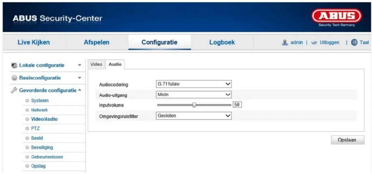 ABUS Security-Center Live Kijken Afspelen Configuratie Logboek admin | Uitloggen | Taal Lokale configuratie Basisconfiguratie Gevorderde configuratie Systeem Network Video/Audio PTZ Beeld Beveiliging Gebeurtenissen Opslag Video Audio Audiocodering G.711ulaw Audio-uitgang Midn Inputvolume 50 Ongevingsruisfilter Gesloten Opslaan