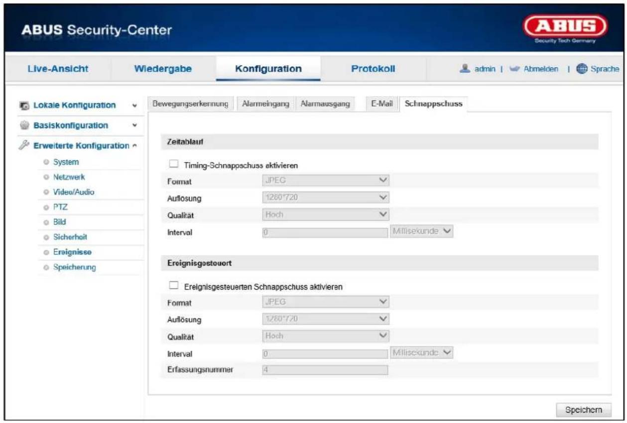 ABUS Security-Center Live-Ansicht Wiedergabe Konfiguration Protokoll admin | Abmelden | Sprache Lokale Konfiguration Basiskonfiguration Erweiterte Konfiguration System Netzwerk Video/Audio PTZ Bild Sicherheit Ereignisse Speicherung Bewegungserkennung Alarmeingang Alarmausgang E-Mail Schnappschuss Zeitablauf Timing-Schnappschuss aktivieren Format JPEG Auflösung 1280*720 Qualität Hoch Interval 0 Millisekunde Ereignisgestouort Ereignisgesteuerten Schnappschuss aktivieren Format JPEG Auflösung 1280*720 Qualität Hoch Interval 0 Millisekunde Erfassungsnummer 4 Speichern