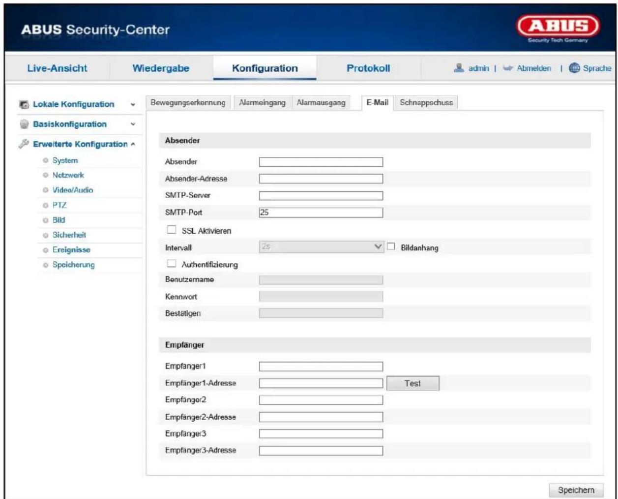 ABUS Security-Center Live-Ansicht Wiedergabe Konfiguration Protokoll admin | Abmelden | Sprache Lokale Konfiguration Basiskonfiguration Erweiterte Konfiguration System Notzwerk Video/Audio PTZ Bild Sicherheit Ereignisse Speicherung Bewegungserkernung Alarmeingang Alarmausgang E-Mail Schnappschuss Absender Absender Absender-Adresse SMTP-Server SMTP-Port 25 SSL Aktivieren Intervall 25 Bildanhang Authentifizierung Benutzername Kennwort Bestätigen Empfänger Empfänger1 Empfänger1-Adresse Test Empfänger2 Empfänger2-Adresse Empfänger3 Empfänger3-Adresse Speichern