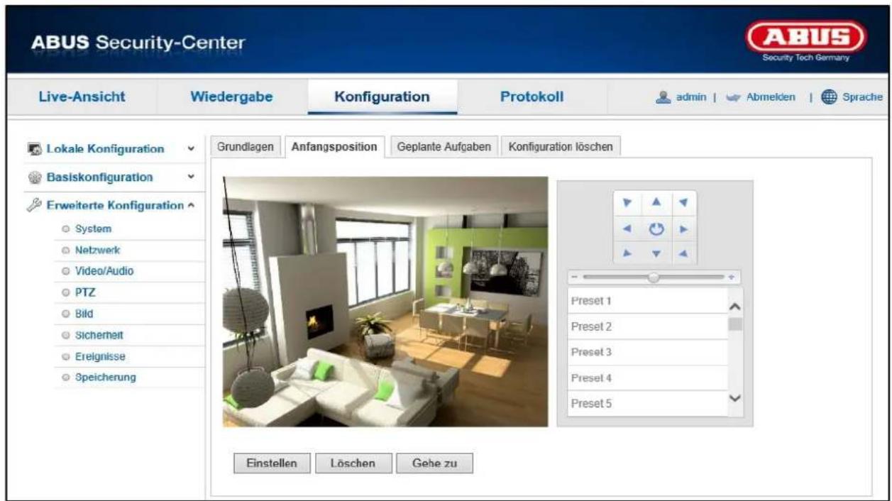ABUS Security-Center Live-Ansicht Wiedergabe Konfiguration Protokoll admin | Abmelden | Sprache Lokale Konfiguration Basiskonfiguration Erweiterte Konfiguration System Netzwerk Video/Audio PTZ Bild Sicherheit Ereignisse Speicherung Grundlagen Anfangsposition Geplante Aufgaben Konfiguration löschen Preset 1 Preset 2 Preset 3 Preset 4 Preset 5 Einstellen Löschen Gehe zu