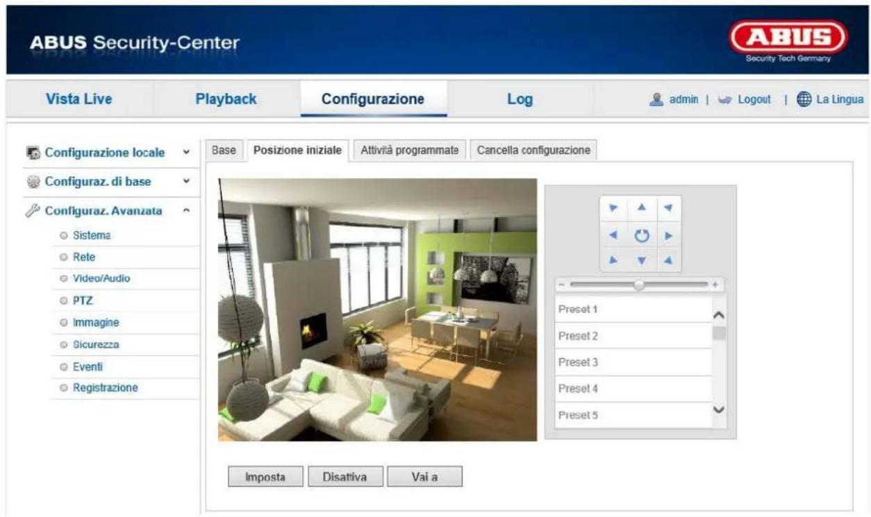 ABUS Security-Center Vista Live Playback Configurazione\Log-admin | Logout | La Lingua Configurazione locale Base Posizione iniziale Attività programmate Cancella configurazione Configuraz. di base Configuraz. Avanzata Sistema Rete Video/Audio PTZ Immagine Sicurezza Eventi Registrazione Preset 1 Preset 2 Preset 3 Preset 4 Preset 5 Imposta Disattiva Vai a