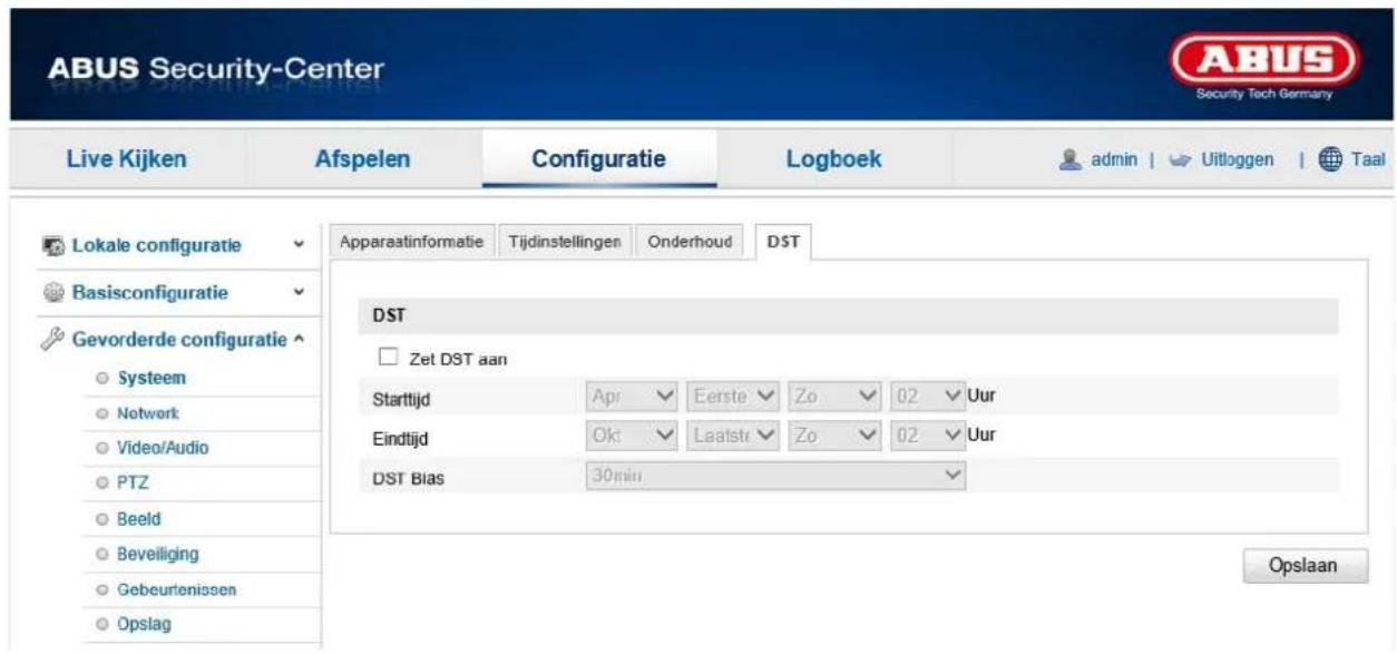 ABUS Security-Center Live Kijken Afspelen Configuratie Logboek admin | Uitloggen | Taal Lokale configuratie Basisconfiguratie Gevorderde configuratie Systeem Network Video/Audio PTZ Beeld Beveiliging Gebeurtenissen Opslag Apparaatinformatie Tijdinstellingen Onderhoud DST Zet DST aan Starttijd Apr Eerste Zo 02 Uur Eindtijd Ok Laatste Zo 02 Uur DST Bias 30min. Opslaan