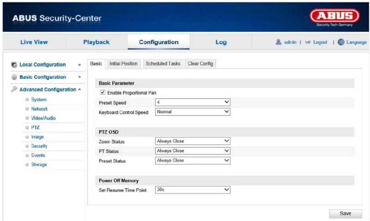 ABUS Security-Center Live View Playback Configuration Log admin | Logout | Language Local Configuration Basic Initial Position Scheduled Tasks Clear Config Basic Configuration Advanced Configuration System Network Video/Audio PTZ Image Security Events Storage Basic Parameter Enable Proportional Pan Preset Speed 4 Keyboard Control Speed Normal PTZ OSD Zoom Status Always Close PT Status Always Close Preset Status Always Close Power Off Memory Set Resume Time Point 30s Save