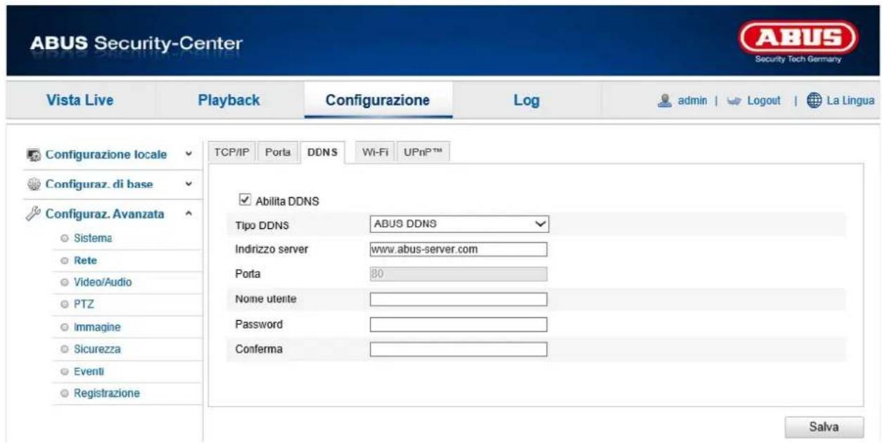 ABUS Security-Center Vista Live Playback Configurazione\Log-admin | Logout | La Lingua Configurazione locale Configuraz. di base Configuraz. Avanzata Sistema Rete Video/Audio PTZ Immagine Sicurezza Eventi Registrazione TCP/IP Porta DDNS Wi-Fi UPnPTM Abilita DDNS Tipo DDNS ABUS DDNS Indrizzo server www.abus-server.com Porta 80 Nome utente Password Conferma Salva