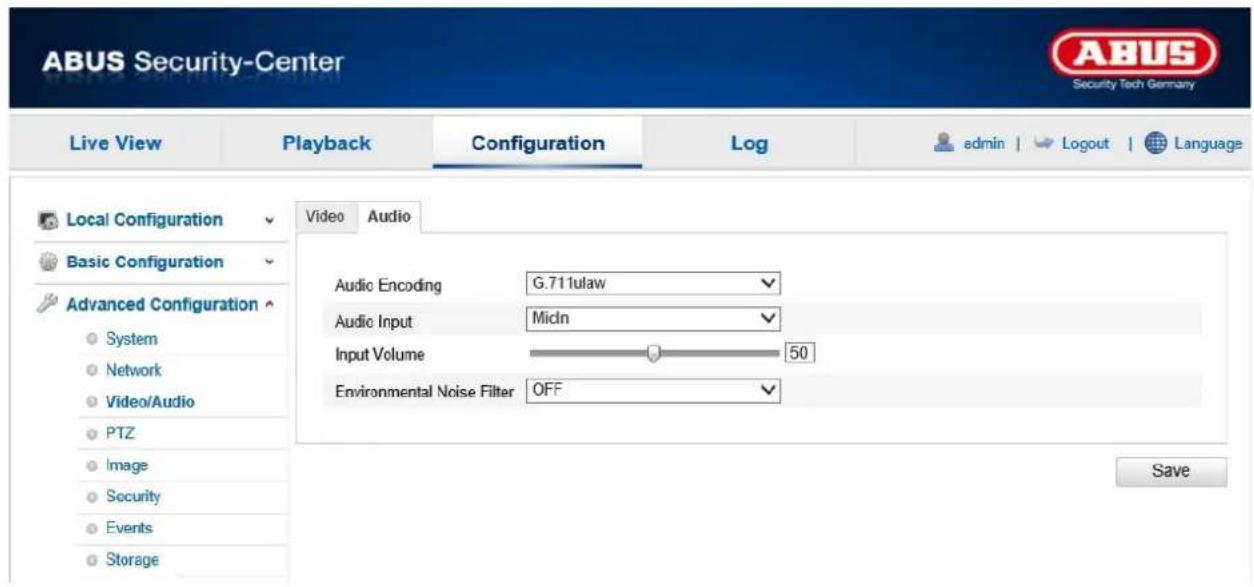 ABUS Security-Center Live View Playback Configuration\Log admin | Logout | Language Local Configuration Video Audio Basic Configuration Advanced Configuration System Network Video/Audio PTZ Image Security Events Storage Audio Encoding G.711ulaw Audio Input MicIn Input Volume 50 Environmental Noise Filter OFF Save
