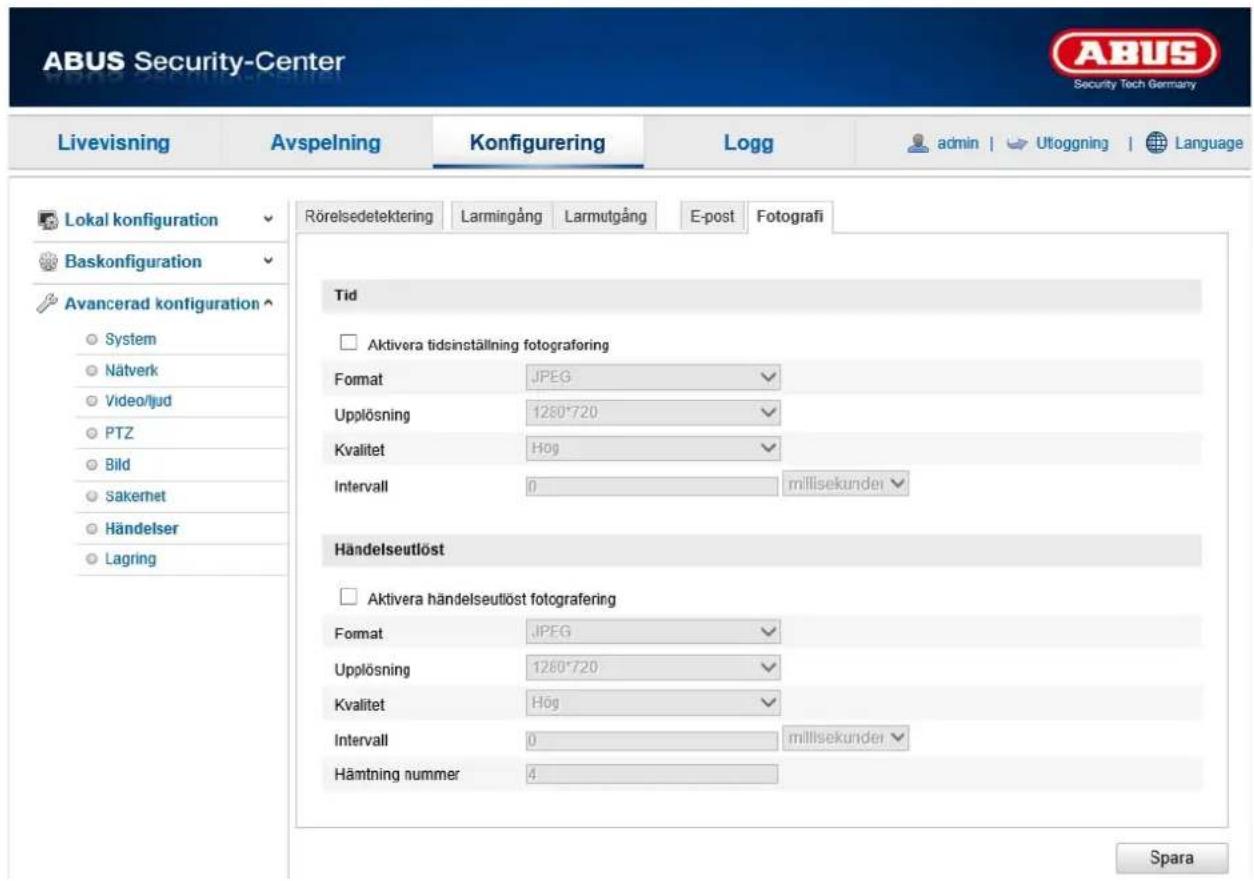 ABUS Security-Center Livevisning Avspelning Konfigurering Logg admin | Utoggning | Language Lokal konfiguration Baskonfiguration Avancerad konfiguration System Nätverk Video/ljud PTZ Bild Sakernet Händelser Lagring Rörelsedetektering Larmingång Larmutgång E-post Fotografi Tid Aktivera tidsinställning fotografering Format JPEG Upplösning 1280*720 Kvalitet Hog Intervall 0 millisekunder Handelseutlöst Aktivera händelseutlöst fotografering Format JPEG Upplösning 1280*720 Kvalitet Hog Intervall 0 millisekunder Hämtning nummer 4 Spara