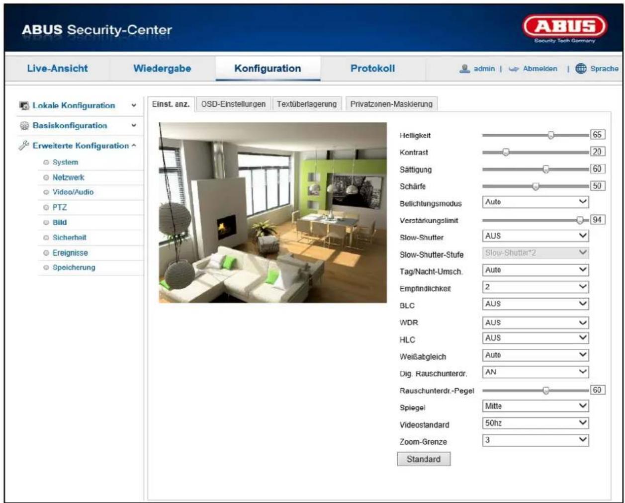 ABUS Security-Center Live-Ansicht Wiedergabe Konfiguration Protokoll admin | Abmelden | Sprache Lokale Konfiguration Basiskonfiguration Erweiterte Konfiguration System Netzwerk Video/Audio PTZ Bild Sicherheit Ereignisse Speicherung Einst. anz. OSD-Einstellungen Textüberlagerung Privatzonen-Maskierung Helligkeit 65 Kontrast 20 Sättigung 60 Schärfe 50 Belichtungsmodus Auto Verstärkungslimit 94 Slow-Shutter AUS Slow-Shutter-Stufe Slow-Shutter*2 Tag/Nacht-Umsch. Auto Empfindlichkeit 2 BLC AUS WDR AUS HLC AUS Weißabgleich Auto Dig. Rauschunterdr. AN Rauschunterdr.-Pegel 60 Spiegel Mitte Videostandard 50hz Zoom-Grenze 3 Standard