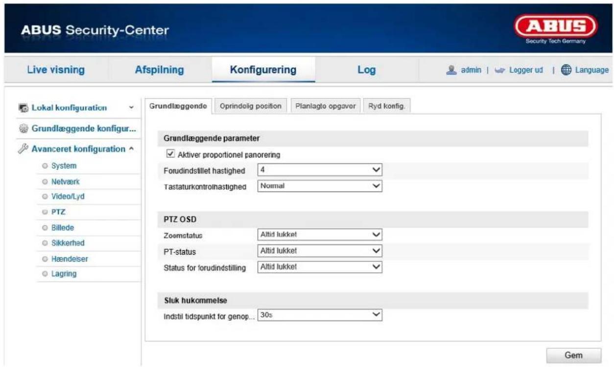 ABUS Security-Center Live visning Afspilning Konfigurering Log admin | Logger ud | Language Lokal konfiguration Grundlæggende konfigur... Avanceret konfiguration System Netværk Video/Lyd PTZ Billede Sikkerhed Hændelser Lagring Grundlæggende parameter Aktiver proportionel panorering Forudindstillet hastighed 4 Tastaturkontrolnastighed Normal PTZ OSD Zoomstatus Altid lukket PT-status Altid lukket Status for forudindstilling Altid lukket Sluk hukommelse Indstil tidspunkt for genop... 30s Gem