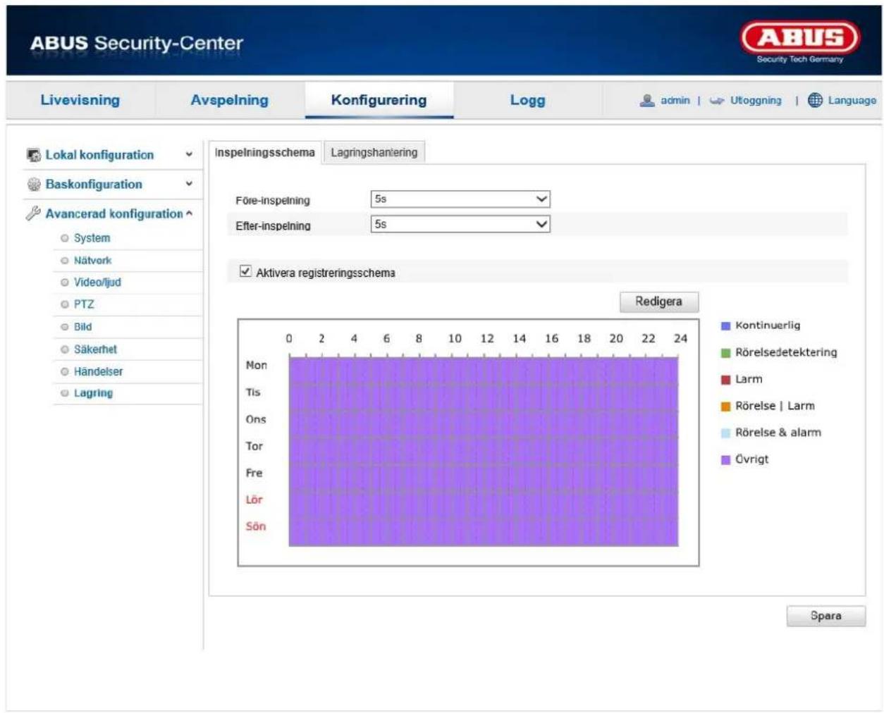 ABUS Security-Center Livevisning Avspelning Konfigurering Logg adults | Ufoggning | Language Lokal konfiguration Baskonfiguration Avancerad konfiguration Inspelningsschema Lagringshantering Före-inspelning 5s Efter-inspelning 5s Aktivera registreringsschema Redigera Mon Tis Ons Tor Fre Lör Sön Kontinuerlig Rörelsedetektering Larm Rörelse | Larm Rörelse & alarm Övrigt Spara