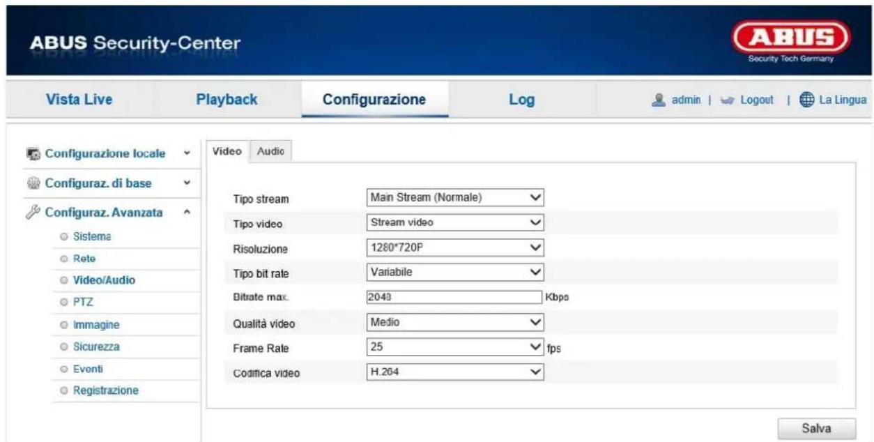 ABUS Security-Center Vista Live Playback Configurazione\Log-admin | Logout | La Lingua Configurazione locale Configuraz. di base Configuraz. Avanzata Sistema Rete Video/Audio PTZ Immagine Sicurezza Eventi Registrazione Video Audio Tipo stream Main Stream (Normale) ✓ Tipo video Stream video ✓ Risoluzione 1280*720P ✓ Tipo bit rate Variable ✓ Bitrate max. 2043 Kbpo Qualità video Medio ✓ Frame Rate 25 fps Codifica video H.264 ✓ Salva