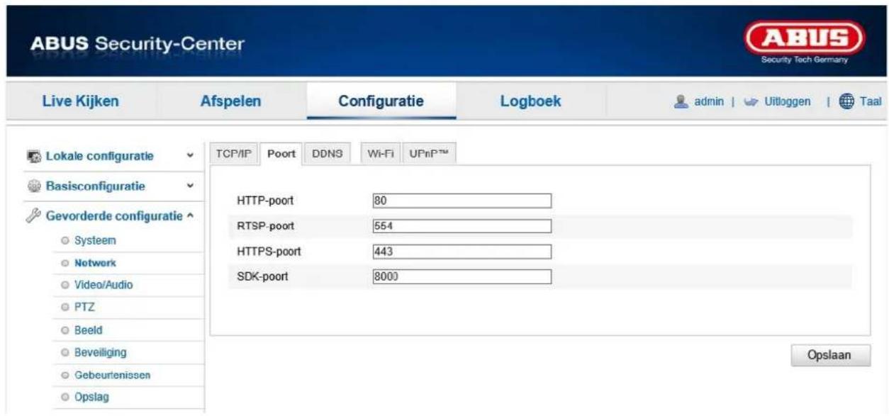 ABUS Security-Center Live Kijken Afspelen Configuratie Logboek admin | Uitloggen | Taal Lokale configuratie Basisconfiguratie Gevorderde configuratie Systeem Netwerk Video/Audio PTZ Beeld Beveiliging Gebeurtenissen Opslag TCP/IP Poort DDNS Wi-Fi UPnP™ HTTP-poort 80 RTSP-poort 554 HTTPS-poort 443 SDK-poort 8000 Opslaan